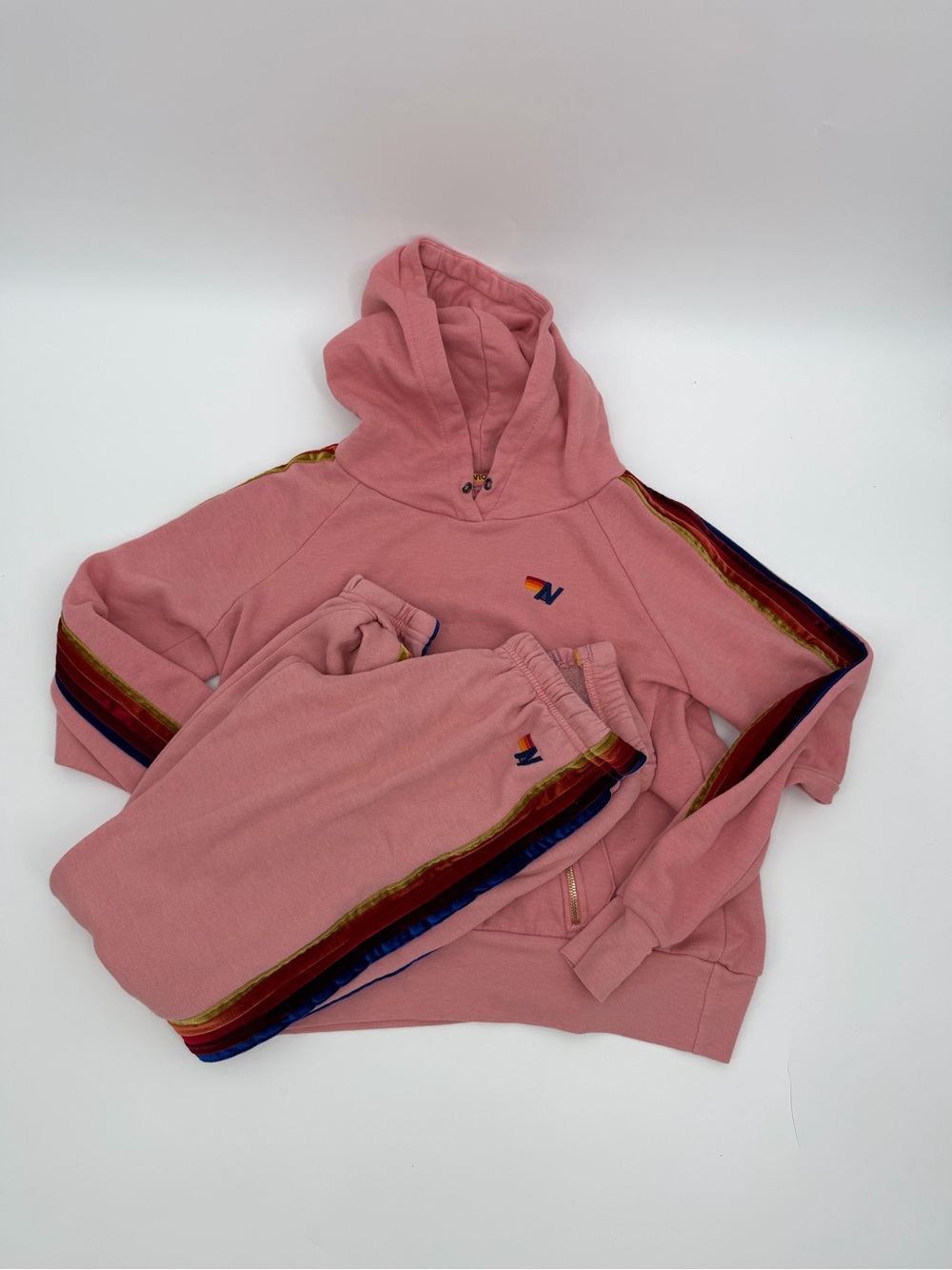Aviator Nation Pink Rainbow Velvet Stripe Hoodie Sweatpants Set XS Made in USA